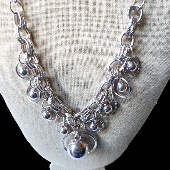 Silver Chain Necklace With Dangling Orb Charms & Lobster Clasp Closure - Picture 2 of 5
